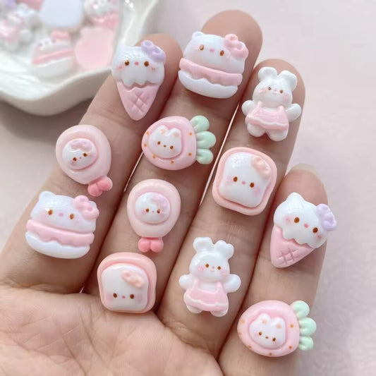 20Pcs New Cute Resin Mini Rabbit, Cat Series Flat Back Manicure Parts Embellishments For Hair Bows Accessories